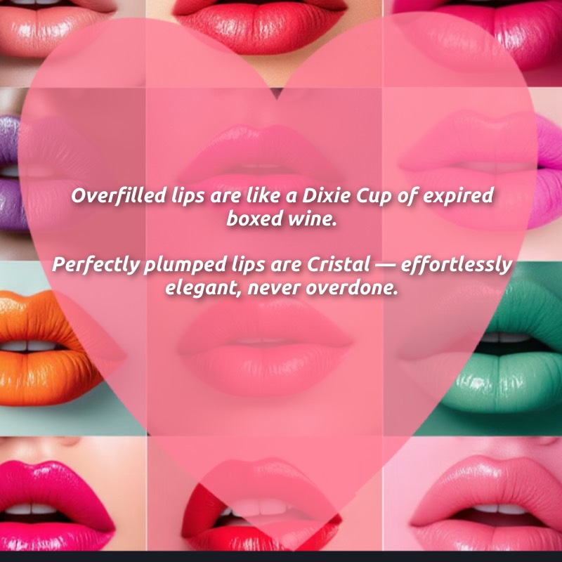 Graphic reading: overfilled lips are like a Dixie cup of expired boxed wine, perfectly plumped lips are Cristal — effortlessly elegant, never overdone